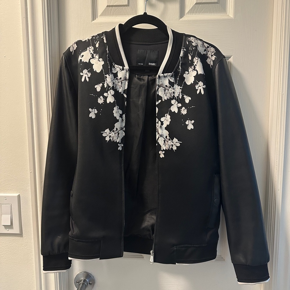 Semir black and white bomber jacket, faux leather sleeves, cherry blossom design